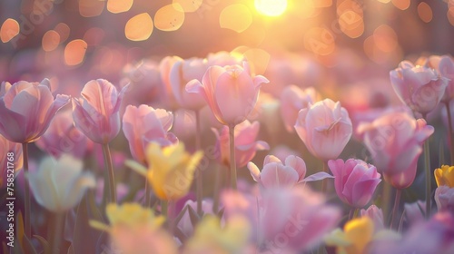 Sunrise Splendor Over Pale Tulips Field. Spring Easter Tulips. Generative AI. 