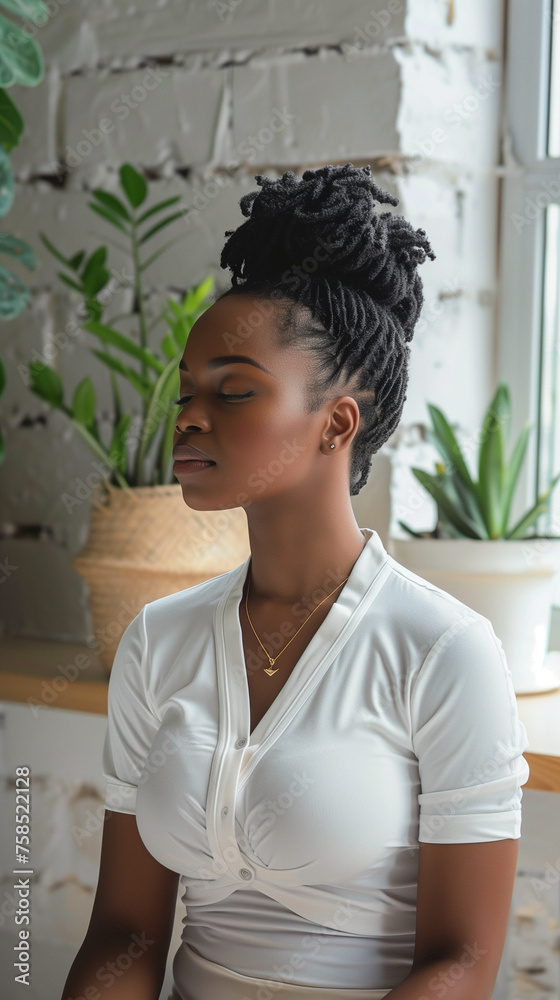 A black african american businesswoman sitting in a chair with her eyes closed, meditating in her office. Houseplants in the background. A black african american businesswoman sitting in a chair with her eyes closed, meditating in her office. Houseplants in the background.