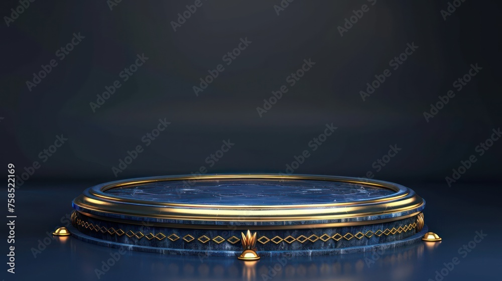 3d render round podium background with deep blue and gold color for product presentation
