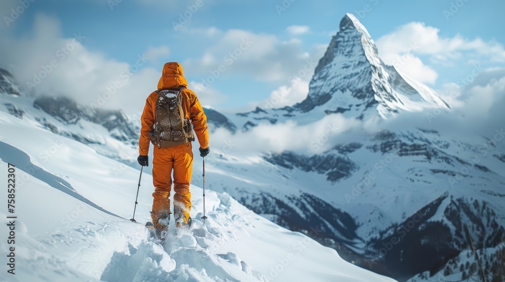 Unrecognizable Man in warm clothes skiing on snow-capped mountain in Zermatt