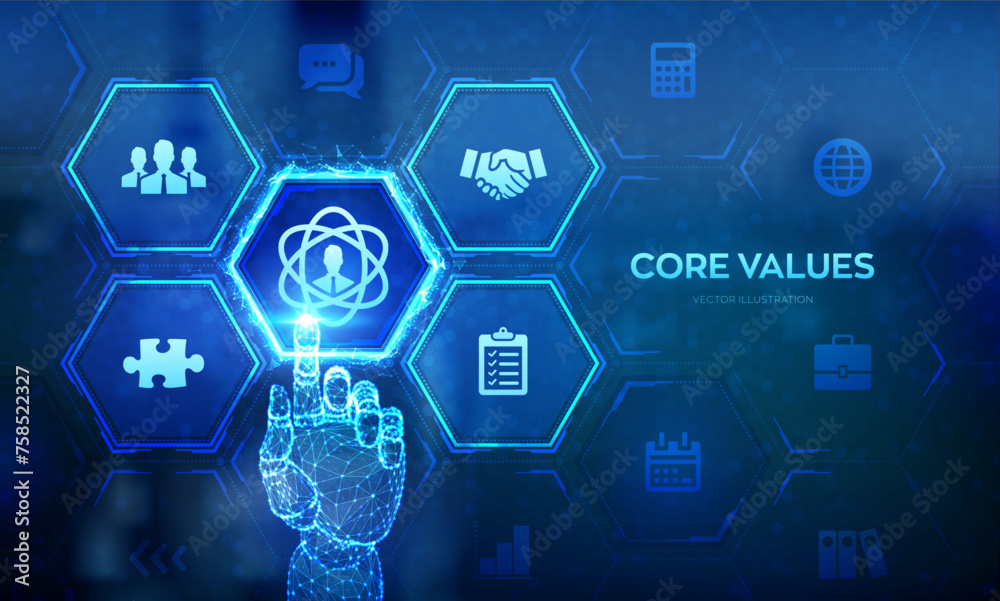 Core Values. Responsibility Ethics Goals Company business concept on virtual screen. Core values infographic. Wireframe hand touching digital interface. Vector illustration.