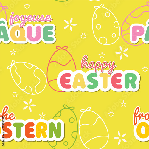 Easter Seamless Background. Text in german translating as Happy Easter. Text in french  translating as Happy Easter.