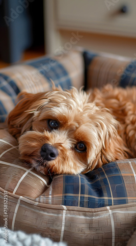 A small terrier dog is resting in a tartan dog bed