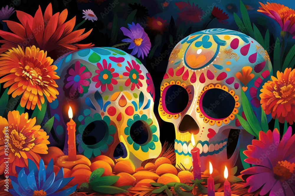 a Dia de los Muertos celebration, with colorful sugar skulls, marigold flowers, and flickering candles honoring departed loved ones in a vibrant and festive display.