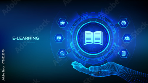 E-learning icon in wireframe hand. Innovative online education and internet technology concept. Webinar, teaching, online training courses. Skill development. Vector illustration.