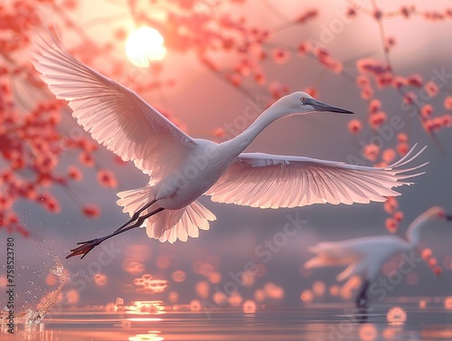 Two beautiful white and orange spoonbill birds flying over the water, with many small red leaves floating on their wings. A beautiful landscape background in the style of Chinese landscape painting