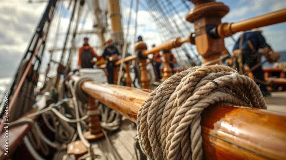 Obraz premium Inside the deck of a ship a group of sailors are hard at work adjusting the rigging and ropes to catch the wind just right. The captain stands at the helm his hand on the