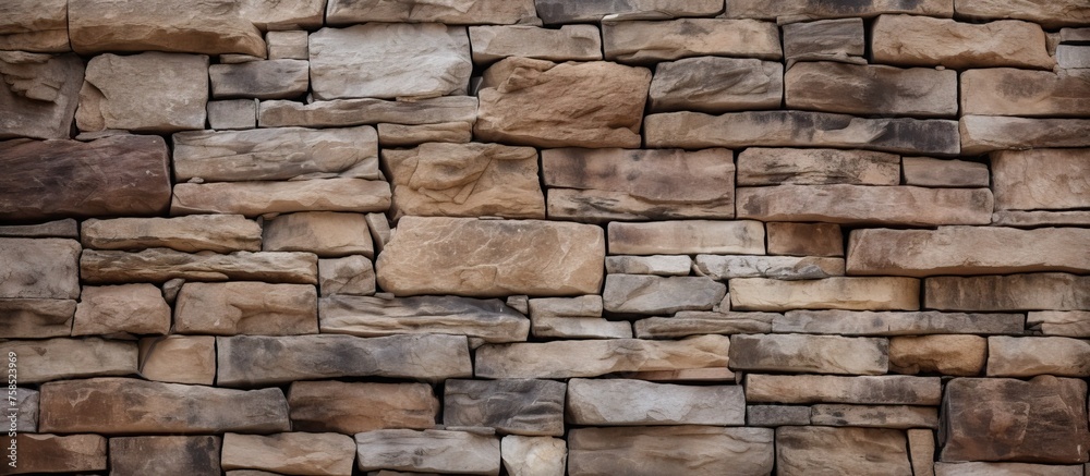 A close up of a stone wall made up of brown rectangular bricks. The wall is a composite of natural materials, such as rock and beige stone A close up of a stone wall made up of brown rectangular bricks. The wall is a composite of natural materials, such as rock and beige stone