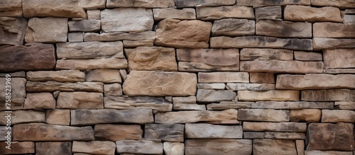 A close up of a stone wall made up of brown rectangular bricks. The wall is a composite of natural materials, such as rock and beige stone