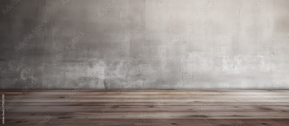 An empty room with a hardwood floor in shades of brown and grey, contrasted by a concrete wall. The wood flooring creates a landscape pattern on the horizon An empty room with a hardwood floor in shades of brown and grey, contrasted by a concrete wall. The wood flooring creates a landscape pattern on the horizon