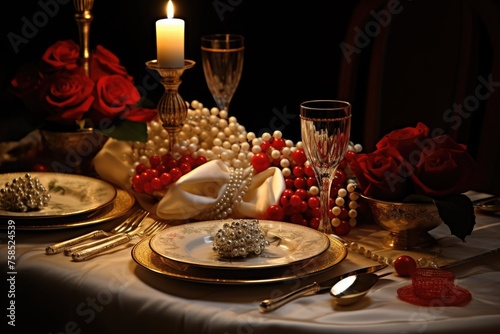 Candlelit Dinner  Jewelry on a table set for a romantic candlelit Christmas dinner.