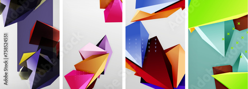 Trendy low poly 3d triangle shapes and other geometric elements background designs for wallpaper, business card, cover, poster, banner, brochure, header, website