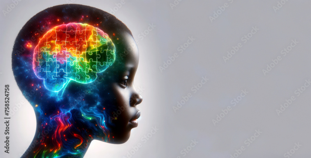 An African American child with a brain puzzle. Concepts of thinking, neurodiversity, disability, mental health and neurological brain health, autism spectrum disorder with room for copying An African American child with a brain puzzle. Concepts of thinking, neurodiversity, disability, mental health and neurological brain health, autism spectrum disorder with room for copying