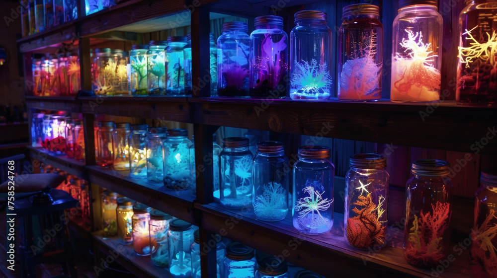 In a dimly lit room rows of jars filled with various bioluminescent organisms line the shelves. Each jar illuminates with a different color casting an eerie yet captivating