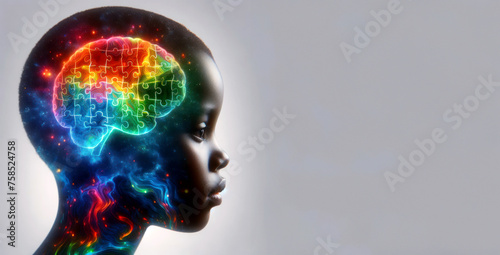 An African American child with a brain puzzle. Concepts of thinking, neurodiversity, disability, mental health and neurological brain health, autism spectrum disorder with room for copying