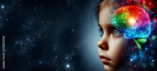 Cute girl with a brain puzzle close-up against a dark night sky with stars and free space for ad copy. World Autism Awareness Day, children with special needs