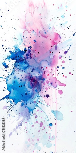 dynamic watercolor display, where splashes of cerulean blue and magenta dance across a white canvas, capturing a vibrant, playful energy.