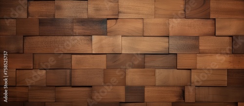 A detailed image featuring a closeup of a hardwood wall built with rectangular wooden squares  showcasing different tints and shades in the pattern of a brickwork design