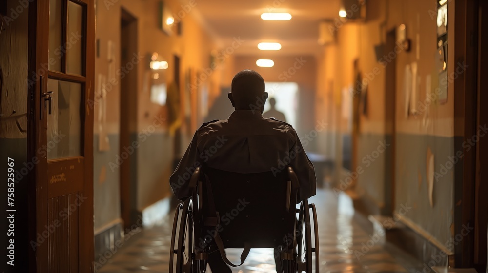 Solitary man in wheelchair facing the end of a dimly lit corridor, representing loneliness and accessibility issues.
 - obrazy, fototapety, plakaty 