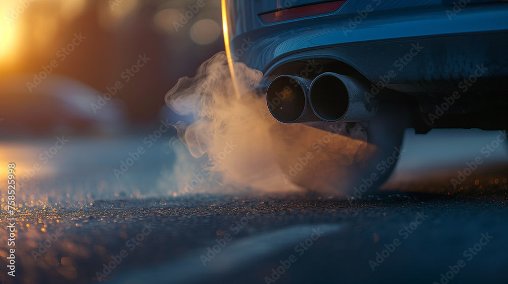 Detailed view of a car exhaust pipe emitting smoke, showcasing the components of an automobiles exhaust system. Environmental pollution concept.
