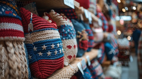 Handmade knitwear on display at local market, traditional crafts, artisanal work, cozy winter accessories. 