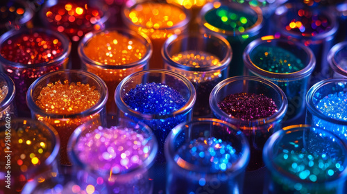 A macro shot of photoluminescent pigments in various shades and sizes tered on a table. The pigments look like tiny crystals and each one has a different glow when activated