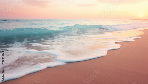 Calm and paradisiacal Caribbean beach during sunset. Sunny sea shore with foamy water and waves. Beautiful and serene beach in soft pastel pink and turquoise tones. Summertime and vacation concept.