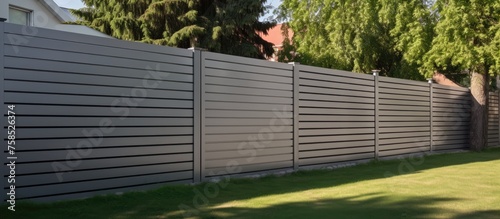 A wooden fence encloses a vibrant green yard with luscious grass, trees, and a home siding. The gray fence contrasts beautifully with the lush surroundings photo