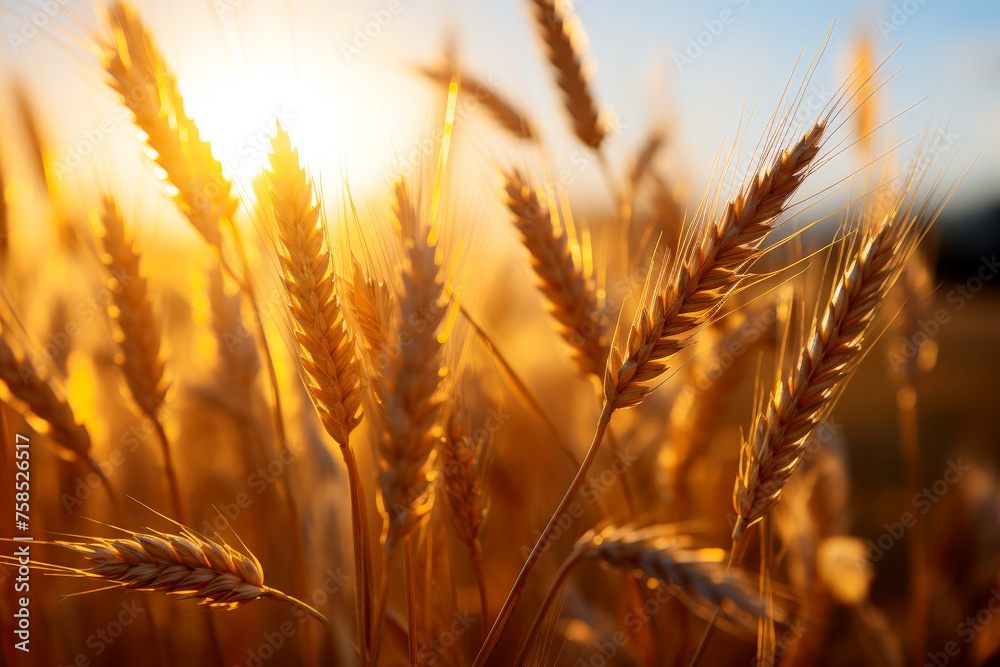 Wheat ears. Field of wheat in a summer day. Harvesting period. Generative AI Wheat ears. Field of wheat in a summer day. Harvesting period. Generative AI