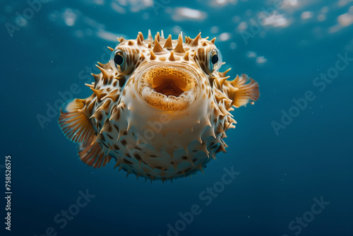 A close up view of a puffer fish fully inflated, swimming gracefully in the water