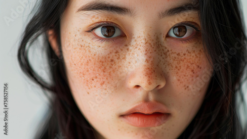 A close-up image of an Asian woman with many freckles photo