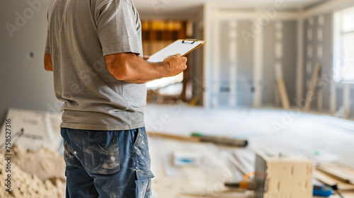 A professional builder observes construction changes, clipboard in hand. The contractor checks the renovation or construction process. Copy space.