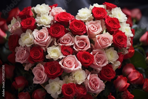 Close-up of a heart-shaped arrangement with red and pink roses.