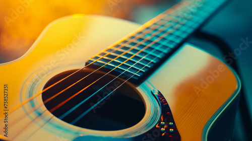 acoustic guitar closeup on a beautiful colored background, the concept of stringed. Generative Ai