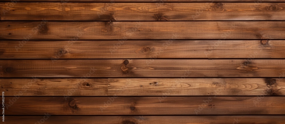 Fototapeta premium A detailed shot of a brown hardwood plank wall, showcasing the intricate pattern of the wood grain and tints and shades created by the wood stain