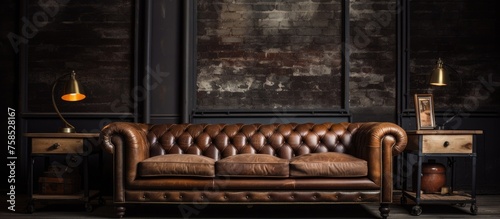 A brown leather couch is placed in a dimly lit room with hardwood flooring and a rectangle window. Additionally, there is a wooden door and a chair in the corner