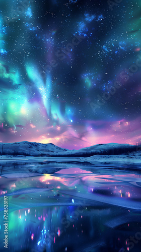 The sky is filled with colorful lights and stars, creating a vibrant and mesmerizing scene, fozen lake, northern lights, aurora. Background, wallpaper. photo