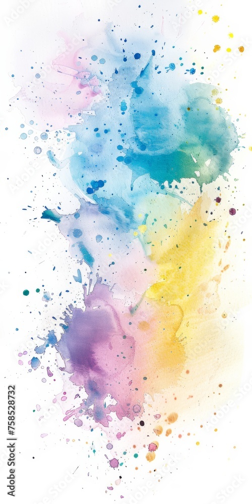 Ethereal watercolor splatter with a cool to warm spectrum transition against a pure white background, symbolizing creative inspiration.