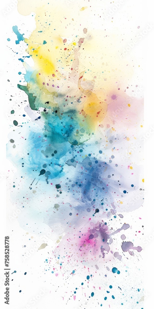 Ethereal watercolor splatter with a cool to warm spectrum transition against a pure white background, symbolizing creative inspiration.