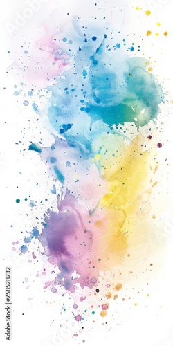 Ethereal watercolor splatter with a cool to warm spectrum transition against a pure white background, symbolizing creative inspiration.