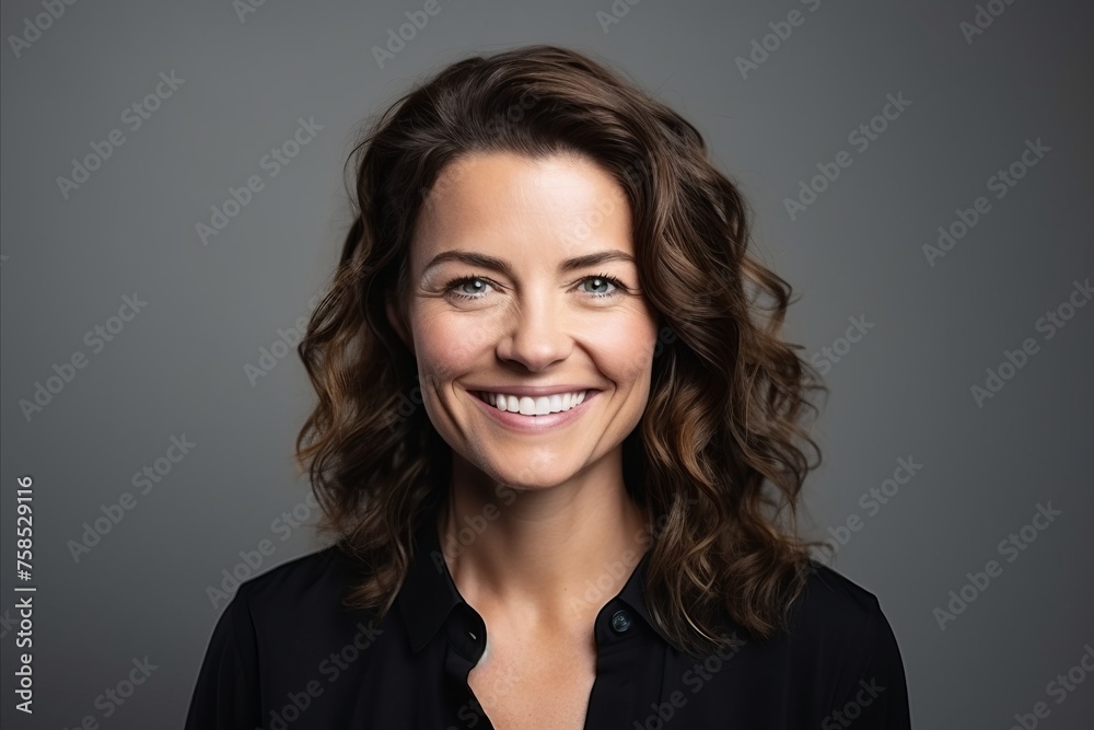 Portrait of a smiling businesswoman looking at camera over grey background Portrait of a smiling businesswoman looking at camera over grey background