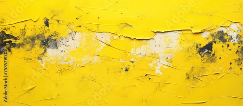 Detailed shot of a weathered yellow wall with peeling paint revealing layers of wood underneath, creating an artistic texture resembling a stained rectangle