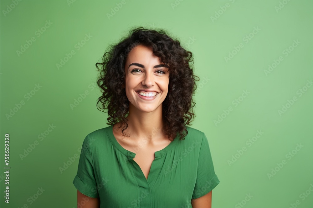 Portrait of a beautiful young woman with curly hair against green background Portrait of a beautiful young woman with curly hair against green background