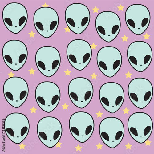Pattern of alien faces with stars purple background alien space pattern