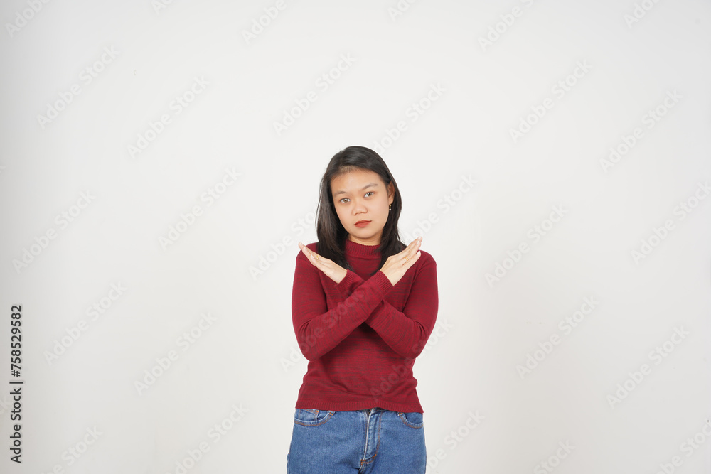 Young Asian woman in Red t-shirt Crossed arms rejection concept isolated on white background Young Asian woman in Red t-shirt Crossed arms rejection concept isolated on white background
