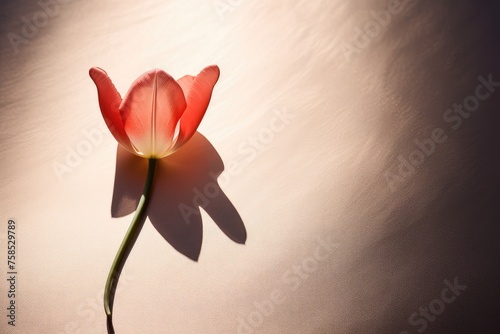 Soft focus on a single tulip with a heart-shaped shadow.