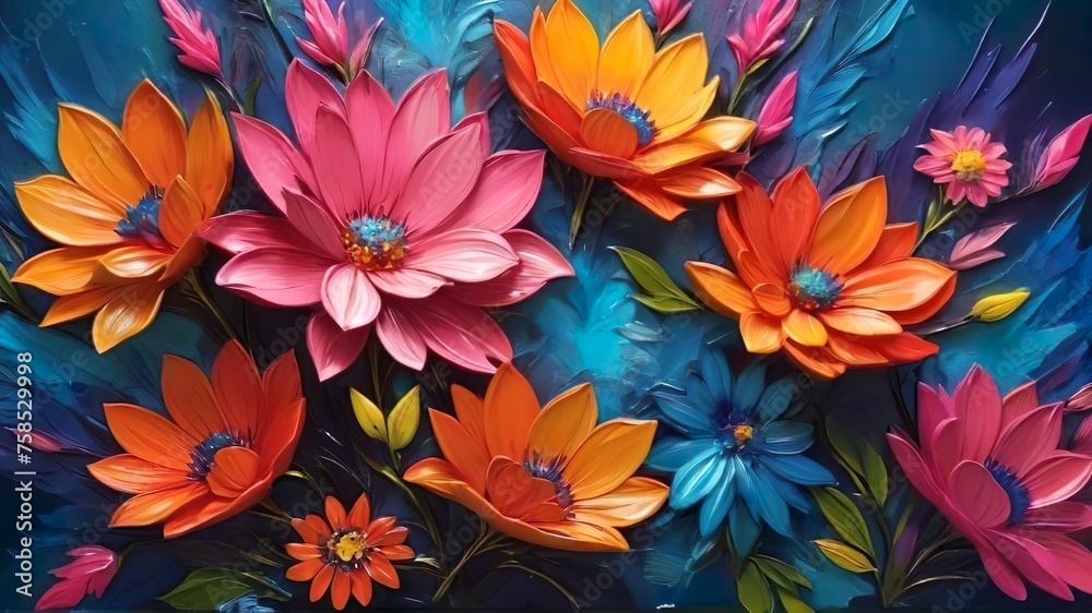 Colorful oil painting flowers with an emerging texture.