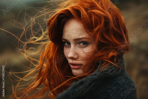 Beautiful Red Hair Woman her hair is tousled and wild with playful expression wear black fabric cloth standing against natural rugged landscape created with Generative AI Technology