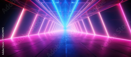 Abstract neon light tunnel with blue and pink lights.