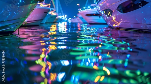 An underwater view of a colorful marina with vibrant blue and green hues reflecting off the sparkling water. Yachts are lined up their underwater lights casting a beautiful